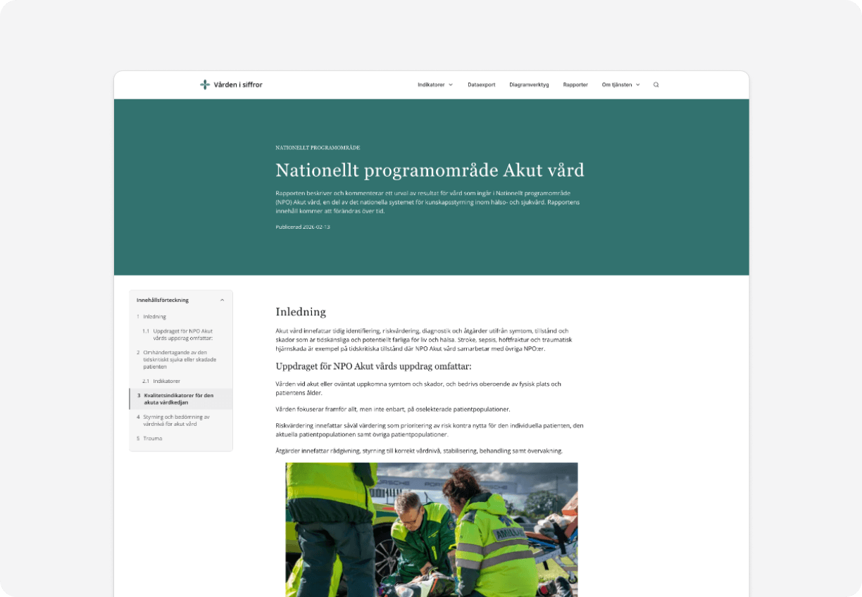 En rapportsida för nationellt programområde Akut vård med innehållsförteckning och inledning.